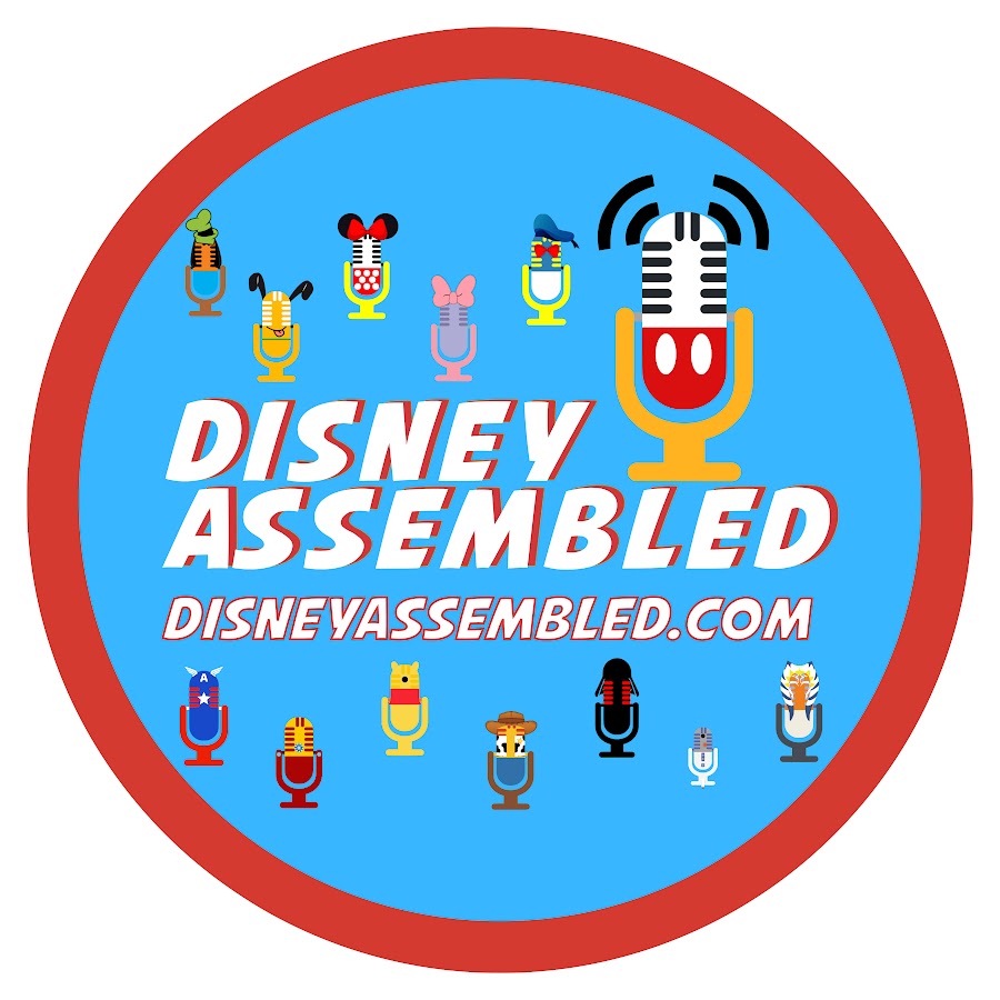 Disney Assembled podcast logo with Disney-character microphones