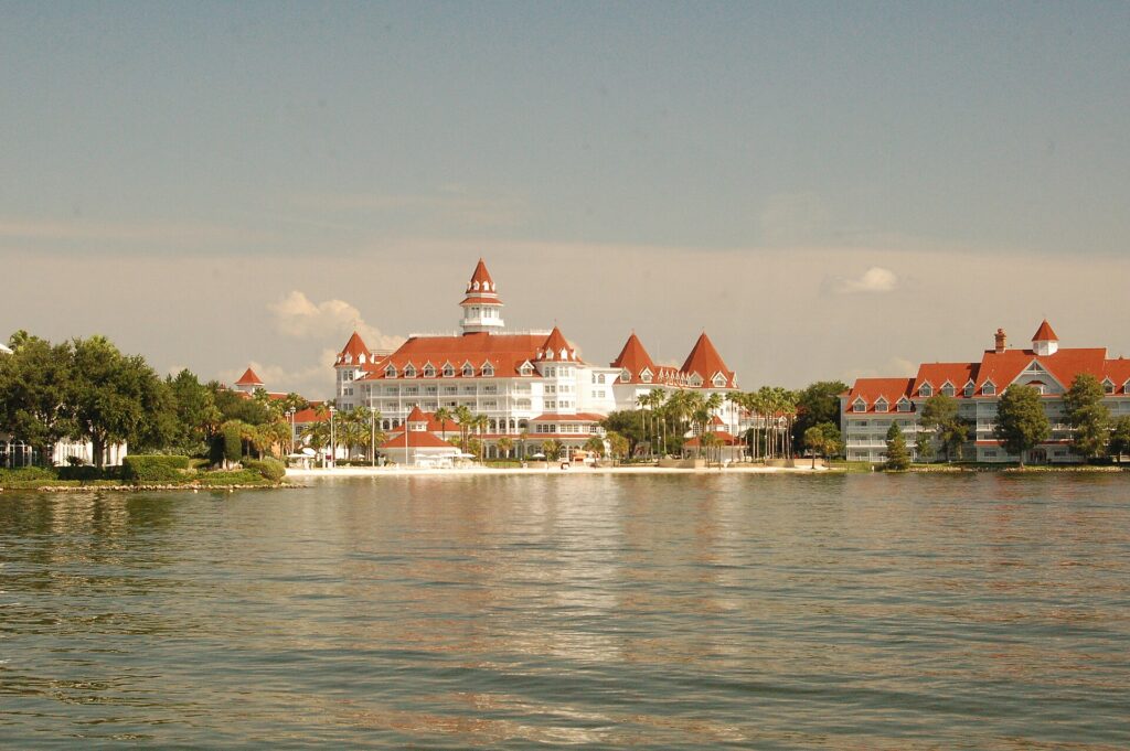Disney's Grand Floridian Resort seen across the Seven Seas Lagoon at Walt Disney World