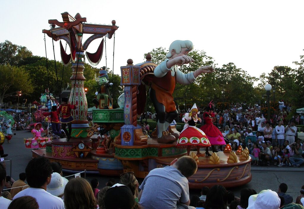 A Pinocchio parade float rolling down the parade route at Disneyland