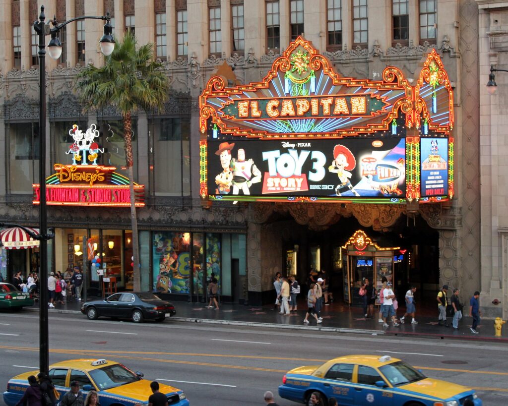 A Disney movie premiere marquee at the El Capitan Theatre in Hollywood