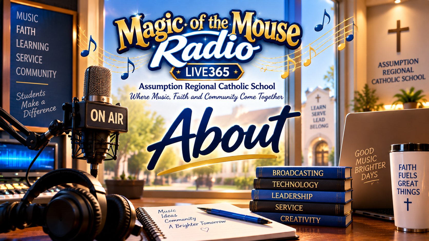 Magic of the Mouse Radio About page featuring music, technology, faith, learning, and community at Assumption Regional Catholic School.