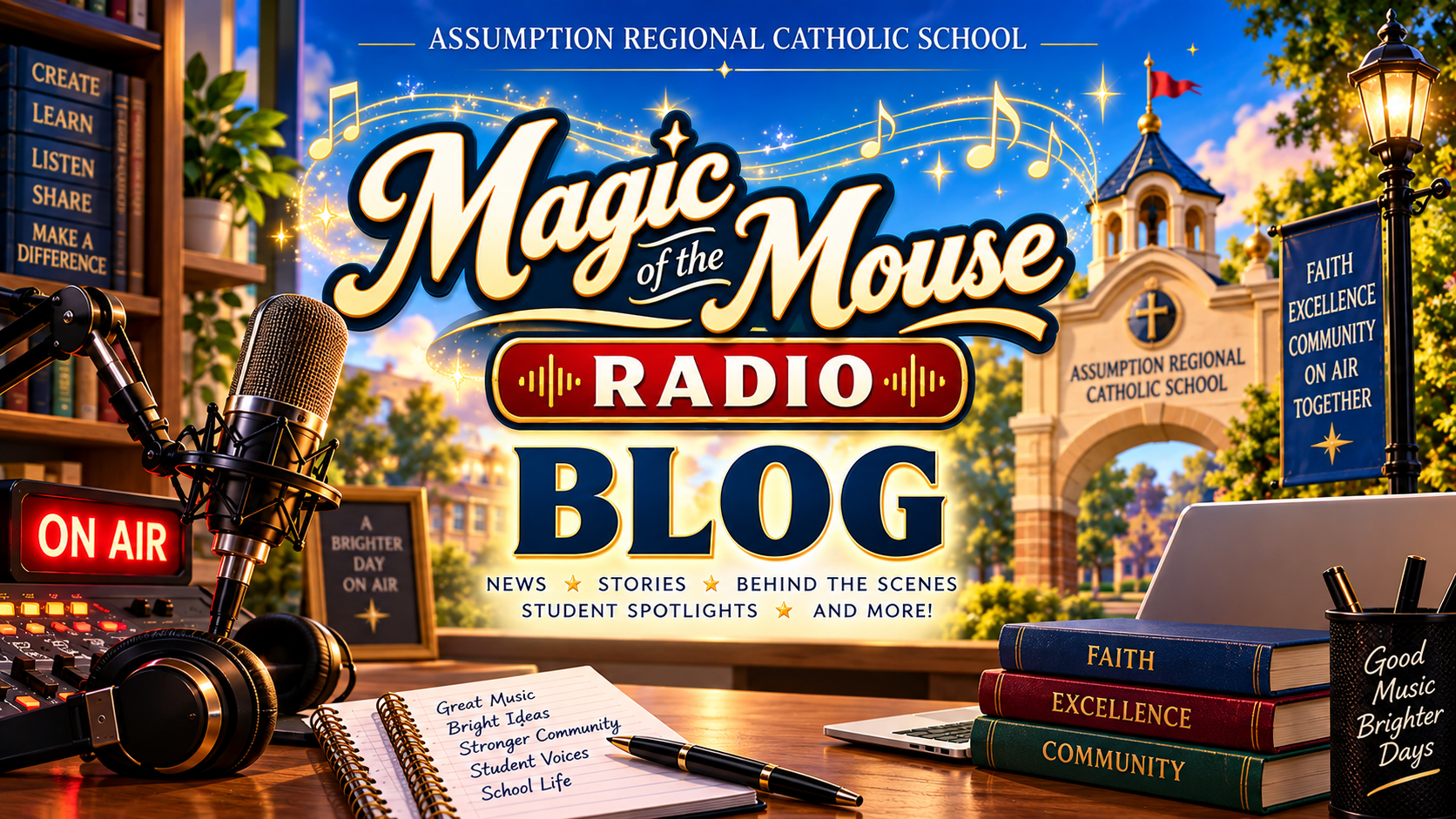 Magic of the Mouse Radio Blog at Assumption Regional Catholic School featuring a school radio studio, microphone, headphones, musical notes, and the school campus.