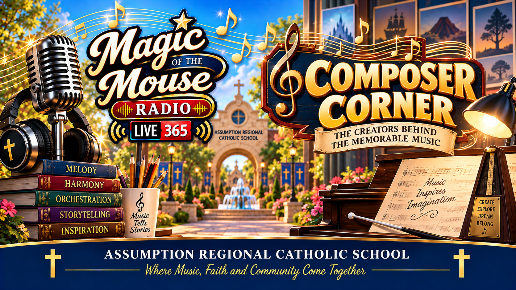 Composer Corner on Magic of the Mouse Radio featuring a piano, sheet music, microphone, musical notes, and Assumption Regional Catholic School.