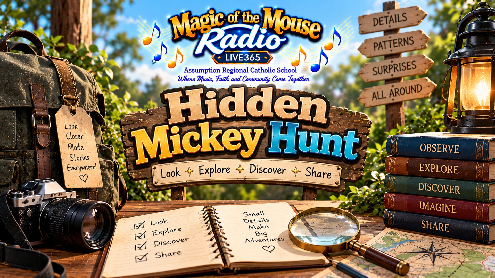 Hidden Mickey Hunt student blog from Magic of the Mouse Radio featuring a fun scavenger-hunt theme for students writing about discovering Hidden Mickeys throughout Disney.