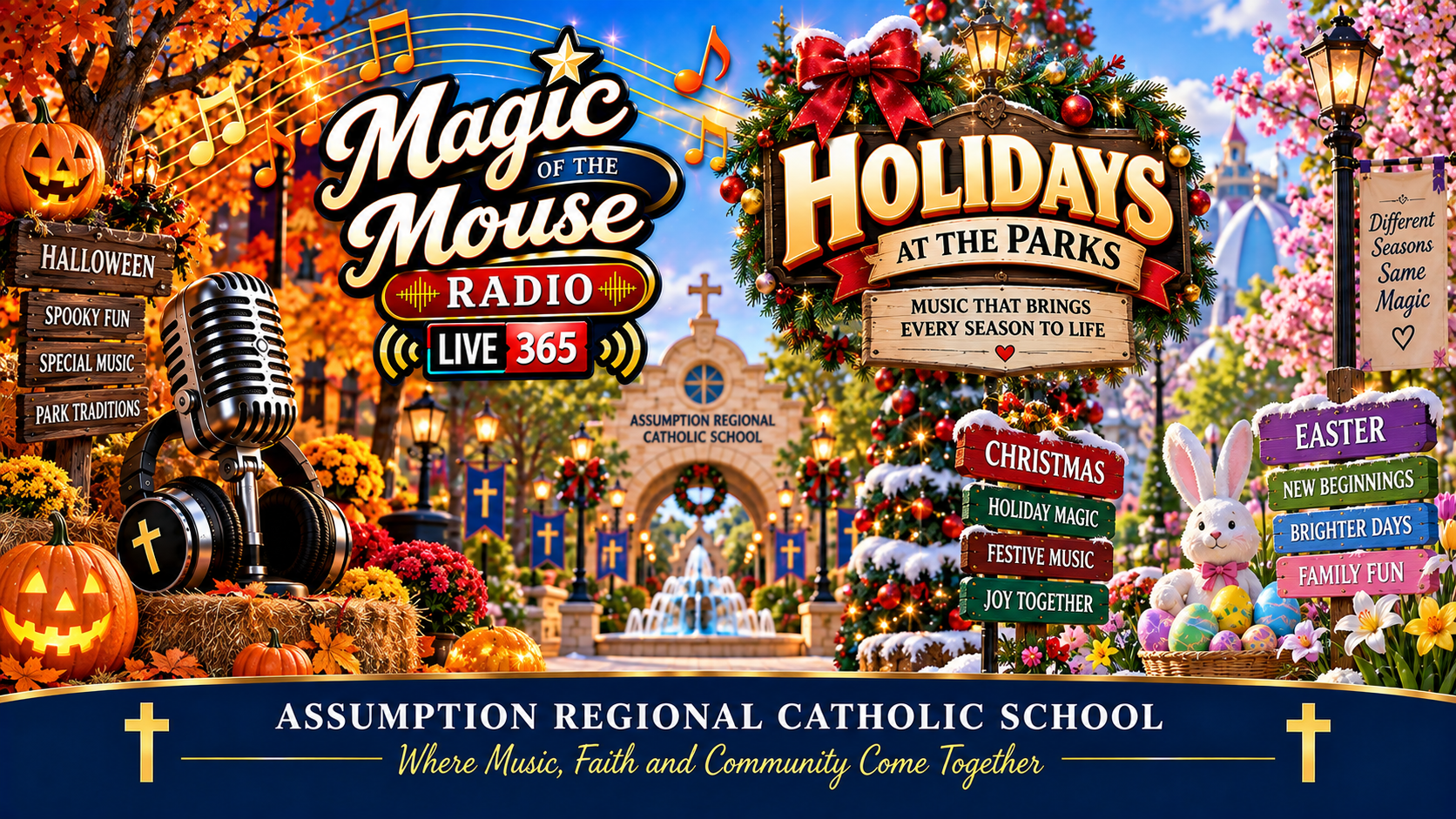 Holidays at the Parks on Magic of the Mouse Radio featuring Halloween pumpkins, Christmas decorations, Easter eggs, music, and Assumption Regional Catholic School.