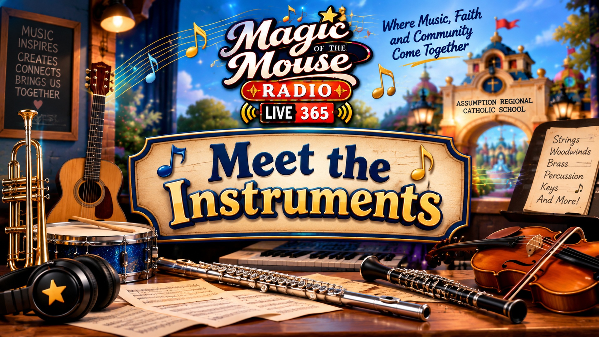Meet the Instruments from Magic of the Mouse Radio featuring guitar, trumpet, drums, piano, flute, clarinet, violin, headphones, and sheet music.
