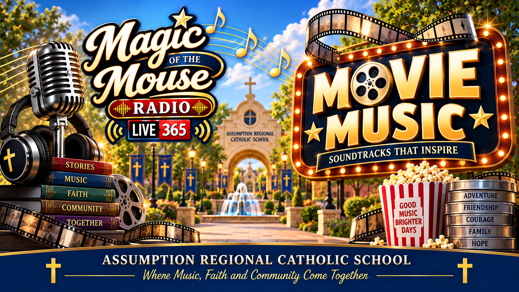 Magic of the Mouse Radio Movie Music featuring movie soundtracks, a vintage microphone, headphones, film reels, and Assumption Regional Catholic School.