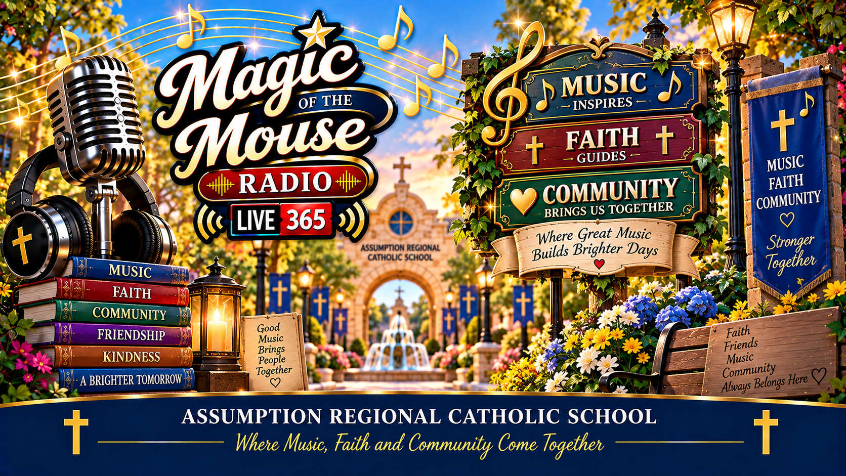 Music, Faith, and Community on Magic of the Mouse Radio featuring a microphone, headphones, Christian crosses, musical notes, and Assumption Regional Catholic School.