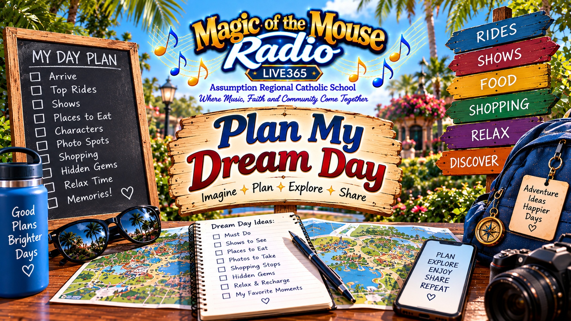 Plan My Dream Day student blog from Magic of the Mouse Radio featuring a theme park day planner with ideas for rides, shows, food, shopping, photos, and memorable experiences.