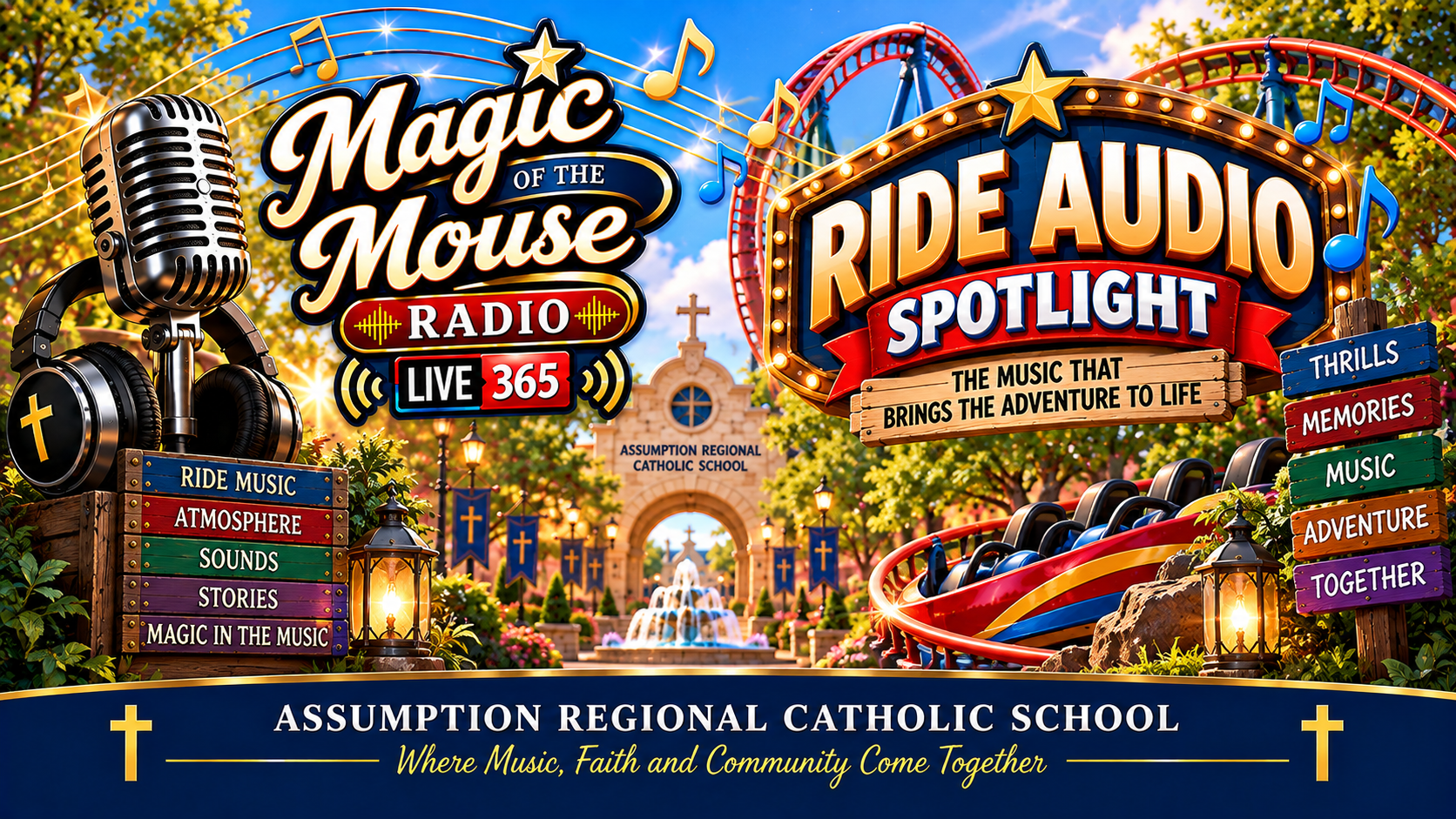 Ride Audio Spotlight on Magic of the Mouse Radio featuring theme park ride music, attraction audio, a roller coaster, microphone, and Assumption Regional Catholic School.