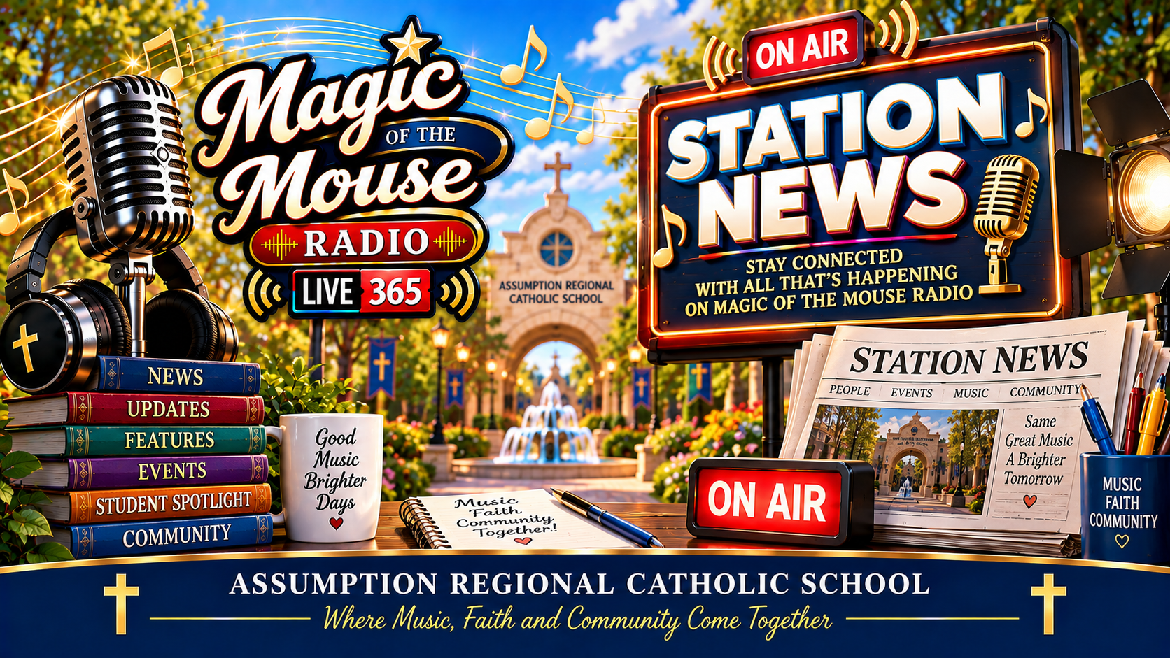 Station News for Magic of the Mouse Radio featuring a radio microphone, On Air signs, school news, music updates, and Assumption Regional Catholic School.