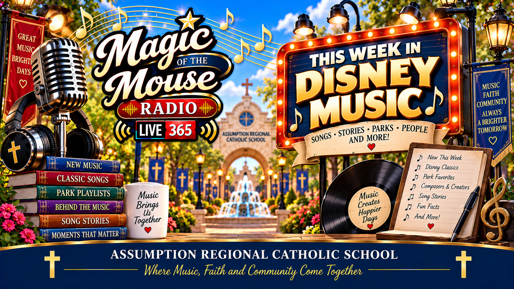 This Week in Disney Music on Magic of the Mouse Radio featuring Disney songs, classic music, park playlists, song stories, and Assumption Regional Catholic School.