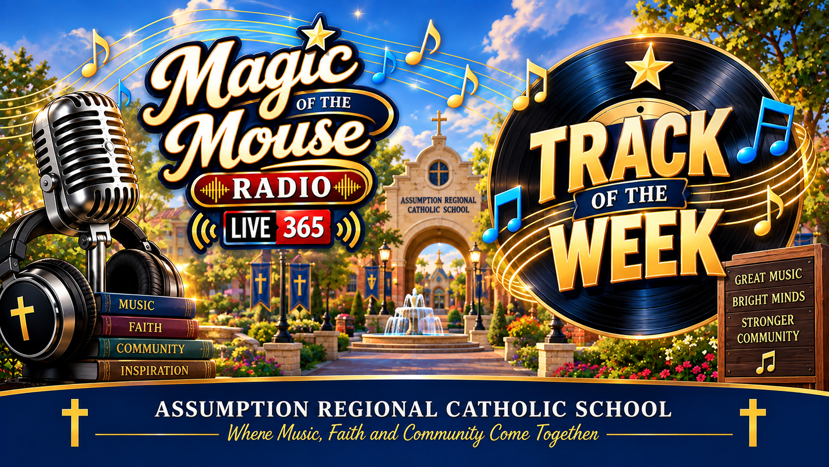 Magic of the Mouse Radio Track of the Week featuring a vinyl record, microphone, headphones, and Assumption Regional Catholic School.