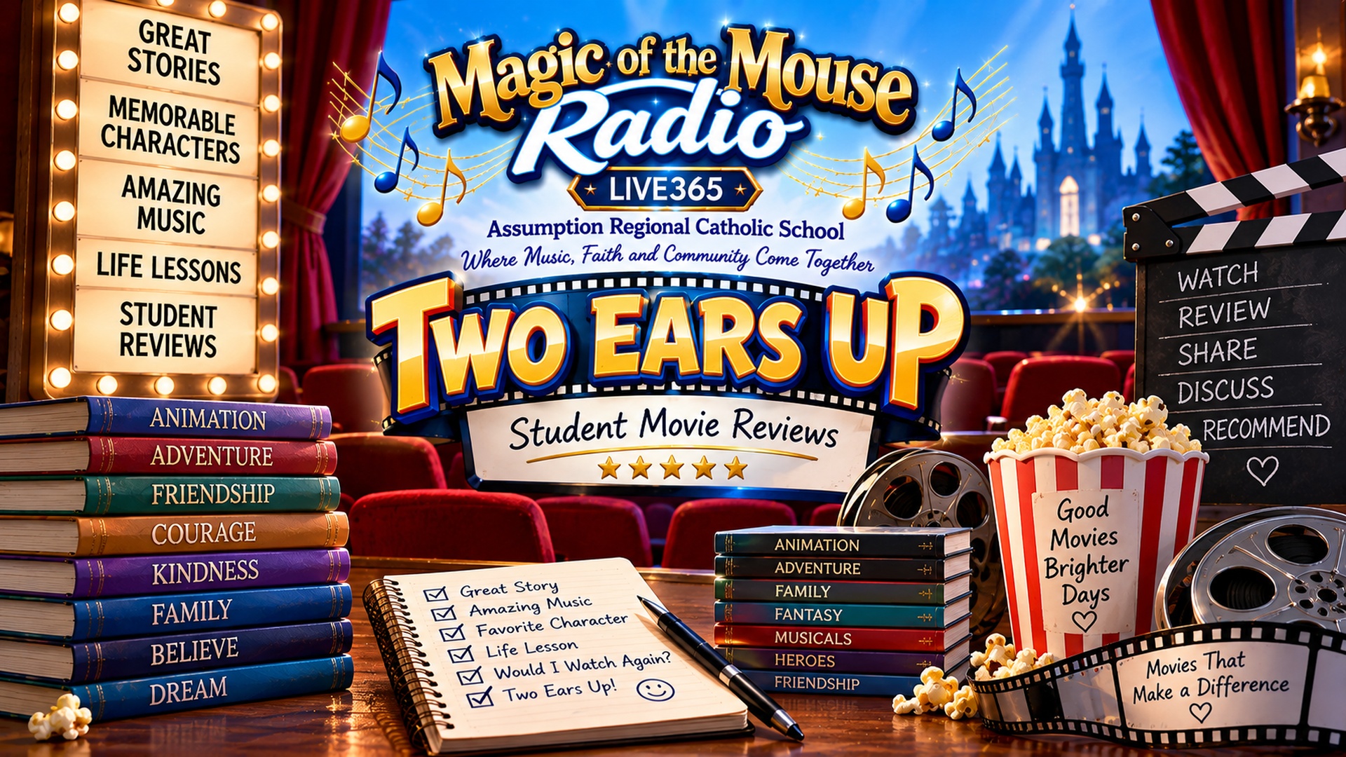 Two Ears Up student movie review blog from Magic of the Mouse Radio featuring student-written reviews of Disney movies, stories, characters, music, and life lessons.