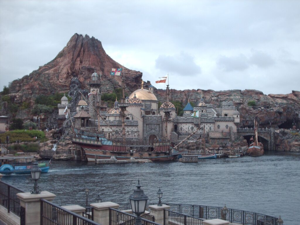 Mount Prometheus rising over the harbor at Tokyo DisneySea