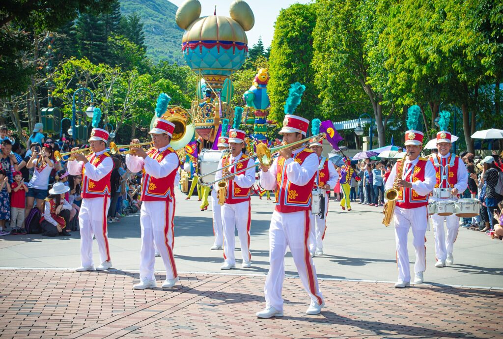A marching band parade at Hong Kong Disneyland