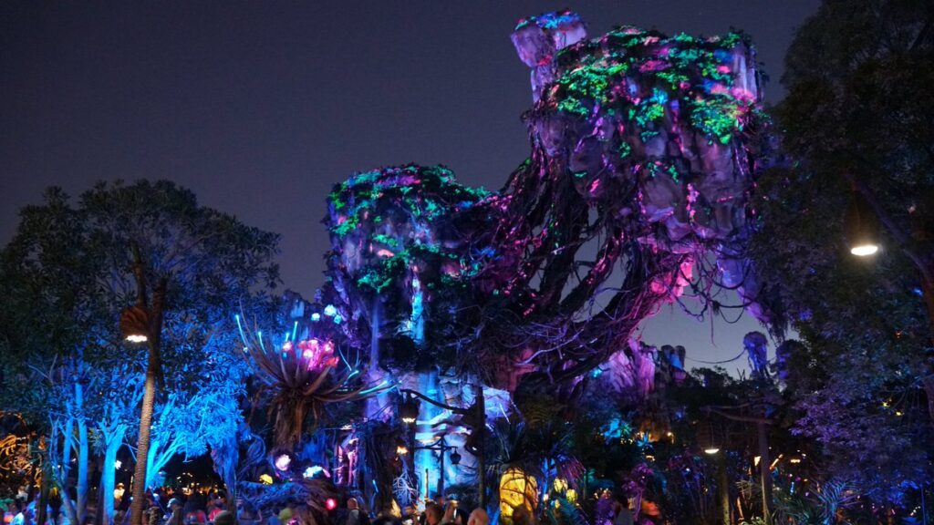 Pandora – The World of Avatar glowing at night at Disney's Animal Kingdom