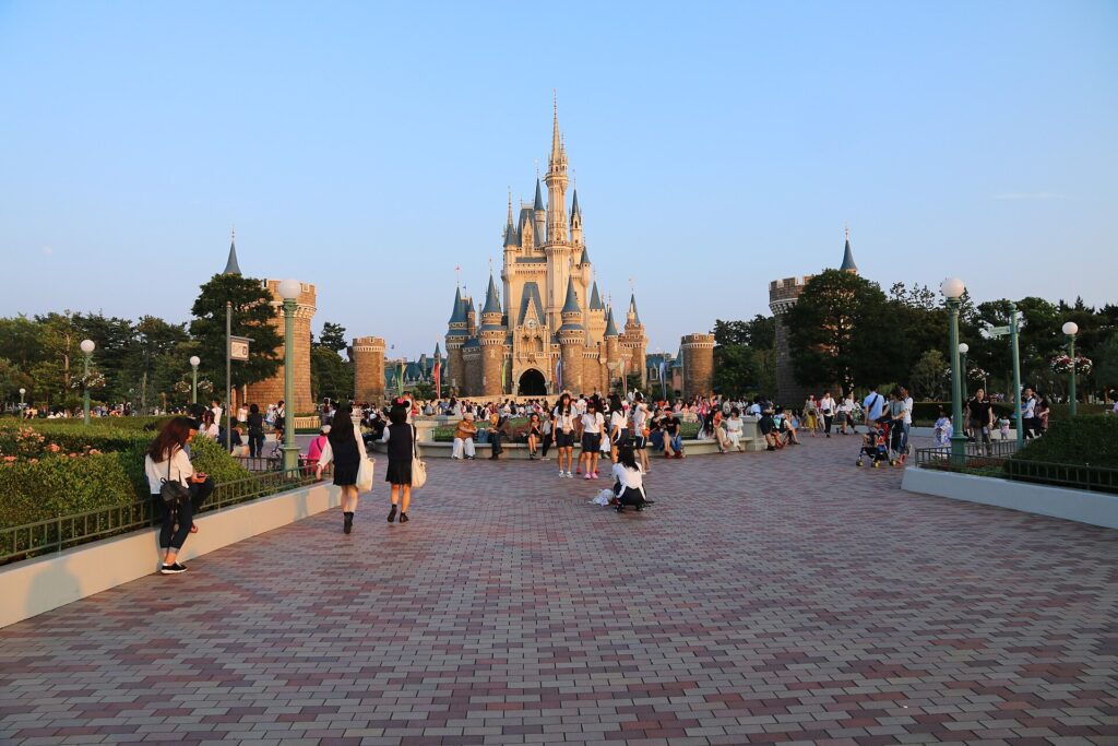 The walkway to Cinderella Castle at Tokyo Disneyland
