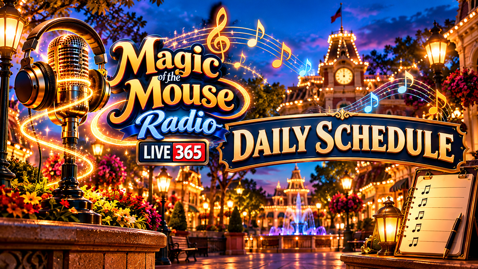 Magic of the Mouse Radio Daily Schedule featuring a colorful, illuminated theme park street, vintage radio microphone, headphones, musical notes, and LIVE365 branding.